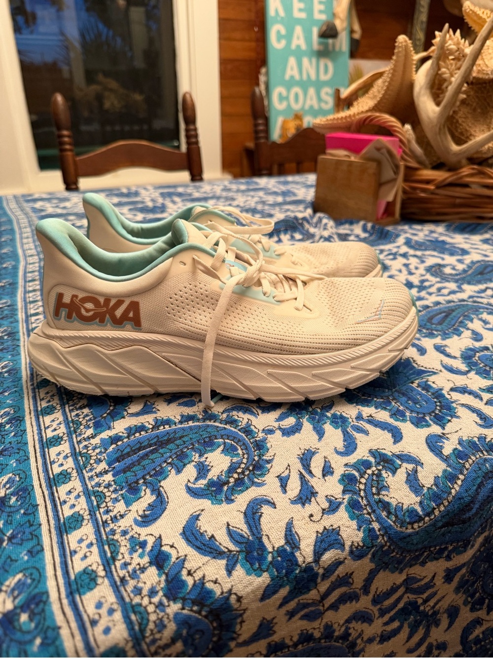 Hoka One One Women's Cream and Mint Running Sneakers